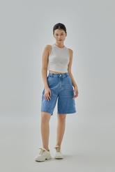 Raiah Raw Edge Sides Denim Bermuda Shorts